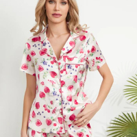 Women Summer Pajama Set Strawberry Print Short Sleeves Tops and Elastic Shorts for Loungewear Soft Sleepwear