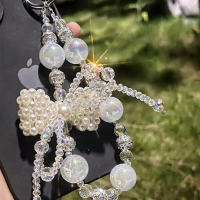 Cute Pearl Lucky Bow Mobile Phone Lanyard Rhinestone Portable Chain Exquisite Pendant f7 casing Cher