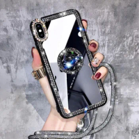 Phone Case For Huawei P30 Lite P60 P50 Pro P40 Lite Enjoy 20 Pro 10S 9 Plus 9S Crystal Makeup Mirror Diamond Finger Ring Coque