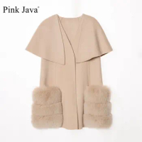 Pink Java QC21026 women fashion wool coat cashmere coats winter real fox fur pocket