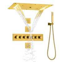 Top Quality Gold Brass Waterfall Rainfall Wall Mounted 600*800mm Shower head Set Luxury Golden Showe