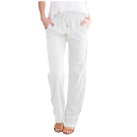 Vintage Cotton Linen Linen Pants For Women Summer Drawstring High Waist Long Casual White Pants Elastic Wide Leg Pants Pantalone