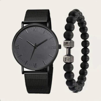 2pcs Men's Simple Casual Roman Scale Mesh With Quartz Watch Dumbbell Bracelet Set, Ideal choice for Gifts