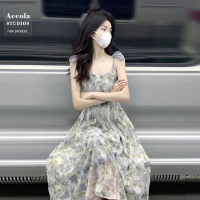 Ammin Đầm dây Pháp Thiểu Số dầu phong cách vẽ tay Cổ Tích siêu Mori trà phá vỡ tình yêu đầu tiên eo 