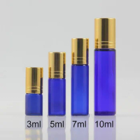 3ml 5ml 7ml 10ml Blue Cosmetic Roll on Glass Bottle Perfume Essential Oil Massage Roller Container Gold Cap