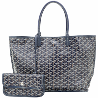 GOYARD Anjou PM 小型 高雅得雙面用 圖騰帆布牛皮肩背托特包(深藍/附收納袋)