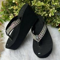 Dép xốp quai kẹp, đính đá kim cương 7 màu cao 7cm - 9cm, HÀNG CAO CẤP
