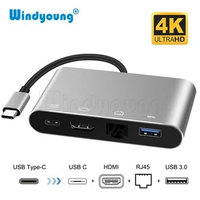 4 in 1 USB Type-C to HDMI 4K+ RJ45 Gigabit Ethernet Network Card + Type-C PD OTG Hub Adapter Cable for MacBook USB-C Splitter