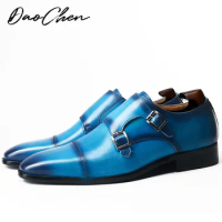 Luxury Men's Loafers Blue Black Double Buckle Strap Casual Dress Shoes Slip-on Office Wedding Leather Monk Shoes For Men