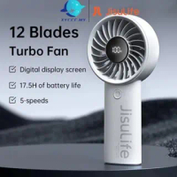 JISULIFE Portable Handheld Fan 3600mAh/5000mAh Rechargeable with 12 Blades Strong Wind LED Display S