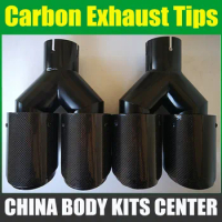 1 Pcs：Car Carbon Glossy Muffler Tip Y Shape Double Exit Universal Stainless Black Exhaust Pipe Multi-size For Akrapovic