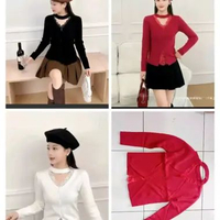 Baju Blus wanita lengan panjang dengan krah model kaos merah
