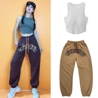 Women Hip Hop Costume White Top Bra High Waist Belted Pants Street Dance Clothes Adult Jazz Performance Wear Rave Outfits XS4090