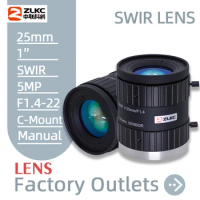 ZLKC SWIR Lens 25mm 5MP FA wavelength 700-1700nm F1.4 1 '' Indusrial NIR Camera lens C-mount Low Distortion Machine Vision Lens