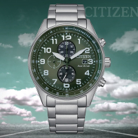 CITIZEN 星辰 Chronograph 光動能 碼錶計時三眼不鏽鋼腕錶-綠43mm CA0770-72X