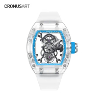 CRONUSART Men Automatic Watch Tourbillon Sapphire Tonneau Mechanical Wristwatch Sapphire Case Luminous Fluororubber Strap