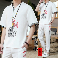 中國風男裝2022新款夏季冰絲短袖t恤套裝唐裝國潮佛系漢服男一套