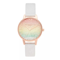 【Olivia Burton】Rainbow系列-滾珠彩虹閃耀漸層面玫瑰金殼珠光銀色真皮錶帶腕錶(OB16EX228)