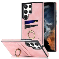Stylish Matte Leather Case for Samsung Galaxy S22 Ultra S21 S20 FE Note 20 with Ring Holder multifunctional storage Phone Cover