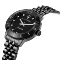 【MASERATI 瑪莎拉蒂】SUCCESSO LADY 光動能水晶鑽黑鋼質感腕錶32mm(R8853145501)