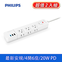 (2入組) PHILIPS飛利浦  4切6座+2A1C 18W PD 1.8M 延長線 CHP8460