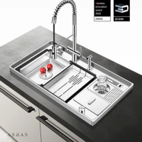 ASRAS-8549X 3D Surrounding Kitchen Sink with Cup Rinser SUS304 Stainless Steel Handmade Sink Set with Dual-mode Pullout Faucet