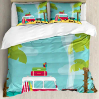 Explore Bedding Set Comforter Duvet Cover Pillow Shams Caravan Camping with Barbeque and Surf Board Bedding Cover Double Bed Set