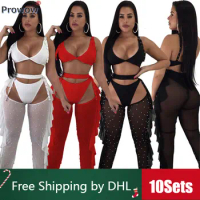 10Sets Bulk Sexy Nightclub Tracksuit Summer Y2k 3 Piece Women Outfits Sleeveless Tank Top Panties Tassel Leggings Wholesale 9927