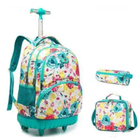 Floral School trolley backpack with wheels kids schoolbag trolley for girls Children Rolling Luggage Bag wheeled backpack girls