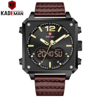 Square Shape Luxury Brand KADEMAN Men's LCD Analog Digital Sports Watches Genuine Leather Band Quartz Watch Relogio Masculino