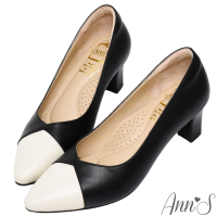 Ann’S此生最好穿-V口雙色小香拼接小羊皮備受呵護跟鞋6cm-米黑(版型偏大)