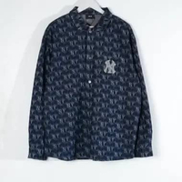 Kemeja MLB NY MONOGRAM STRIPE DENIM NAVY LONG SHIRT 100% ORIGINAL Size XS