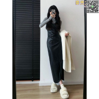 【全球優品滙】兩件套新款高領打底衫吊帶連衣裙女春收腰氣質內搭裙設計感皮裙