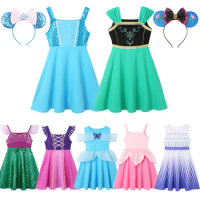 2024 Summer Little Girls Dress Cotton Print Frozen Elsa Anna Halter Skirt Party Princess Dress For 2-7 Yrs Kids Birthday Clothes