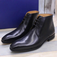 3 Eyelet Design Desert Boots Men's Calfskin Genuine Leather Ankle Chukka Boots Comfortable Brand British Style Shoes for Men