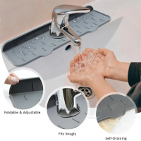 【L Cry】    1PC Grey 37X14CM Kitchen Faucet Absorbent Mat Sink Splash Guard Silicone Drainage Drying 