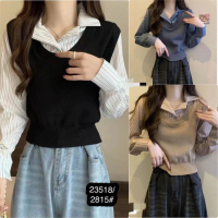 Blus knit kombi katun atasan wanita gaya korea viral kekinian import