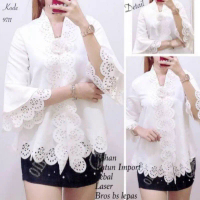 Kebaya Atasan Encim Putih Modern ~Aldora~ Pesta ~Aplikasi Laser ~Tangan Trompet Pasti Promo