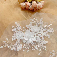 4PCS/2Pair 25.5*13CM Off White Border Line Pearl Lace 3D Mirror Flower.DIY Wedding Dress Application, Embroidery Supplies RS4319