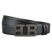 【BALLY】經典雙B黑銀扣MIRROR可調式35MM皮帶(黑x黑扣環)