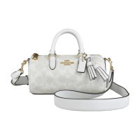 【COACH】COACH LACEY經典LOGO拉鍊PVC搭牛皮手提斜背圓筒包(粉筆白x冰川白)