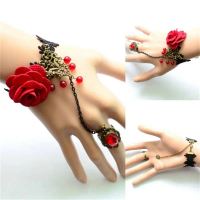Vòng tay ren họa tiết hoa hồng phong cách Gothic Lolita retro vintage, tua rua hình vampire