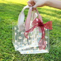 Transparent Daisy Flower Gift Bags with Handle Ribbon Wedding Birthday Daisy Flower Clear Favors Bag Shopping Party Supplies