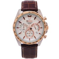 SEIKO 疾風競速風格的計時皮革錶帶手錶(SSB306P1)-白面X咖啡色/44mm