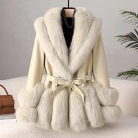 2023 Sheep Genuine Leather Down Coat for Women Slim Fit Fox Fur Collar Coat for Women Long Sleeve Goose Down Coat and Fur Coat