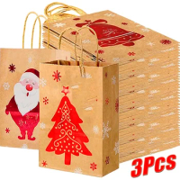3/1Pcs Christmas Gift Bags Kraft Paper Packing Bag with Handles Christmas Treat Bags for Candy Cookie Snack Xmas New Year Pouch