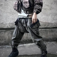 Waste Soil Wind Washed Distressed Multi-Pocket Zipper Pants Drawstring Tooling Samurai Pants High Street Fashionable Trousers