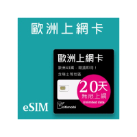 【citimobi】eSIM歐洲20天吃到飽-2GB日高速流量(歐洲網卡 吃到飽 歐洲 網卡 上網卡 瑞士 英國 黑山 eSIM)