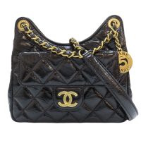 CHANEL 香奈兒【再降價】黑色 亮面漆皮皮革 菱格紋 HOBO 單肩鍊包 金扣 【二手名牌BRAND OFF】