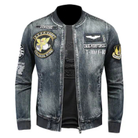 Mens Bomber Jacket Heavyweight Embroidered Denim Coat Baseball Collar Motorcycle Jeans Coat Flight Cowboy Jacket For Male